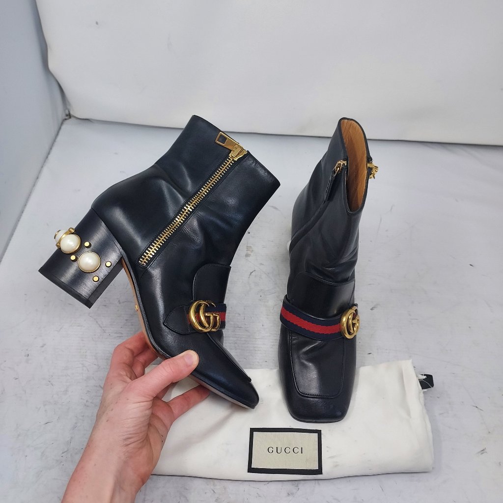 Gucci Black Leather Ankle Boots With Gold Hardware And Red & Blue Web